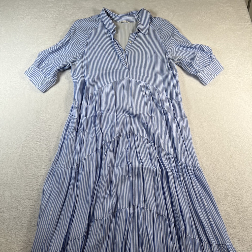 A Loves A Shirt Dress Womens Large Blue Striped 3/4 Sleeve Midi Lined Casual